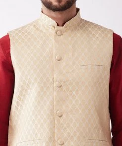 Vastramay Men's Maroon And Gold Solid Silk Blend Kurta And Dhoti With Cream Nehru Jacket