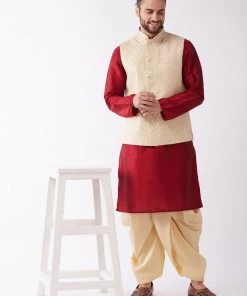 Vastramay Men's Maroon And Gold Solid Silk Blend Kurta And Dhoti With Cream Nehru Jacket