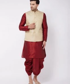 VASTRAMAY Men's Cream Woven Design Nehru Jacket & Maroon Silk Blend Dhoti Kurta Set