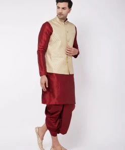 VASTRAMAY Men's Cream Woven Design Nehru Jacket & Maroon Silk Blend Dhoti Kurta Set