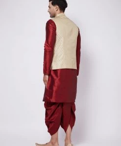 VASTRAMAY Men's Cream Woven Design Nehru Jacket & Maroon Silk Blend Dhoti Kurta Set