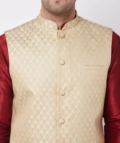 VASTRAMAY Men's Cream Woven Design Nehru Jacket & Maroon Silk Blend Dhoti Kurta Set