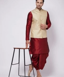 VASTRAMAY Men's Cream Woven Design Nehru Jacket & Maroon Silk Blend Dhoti Kurta Set