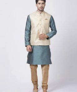 Vastramay Men's Light Blue Cotton Silk Blend Kurta, Ethnic Jacket And Pyjama Set