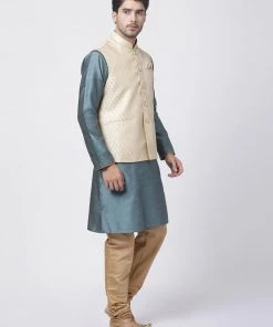 Vastramay Men's Light Blue Cotton Silk Blend Kurta, Ethnic Jacket And Pyjama Set