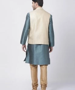 Vastramay Men's Light Blue Cotton Silk Blend Kurta, Ethnic Jacket And Pyjama Set