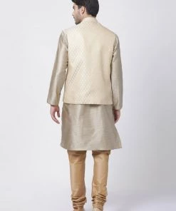 Vastramay Men's Beige Cotton Silk Blend Kurta, Ethnic Jacket And Pyjama Set 11 Vastramay Men's Beige Cotton Silk Blend Kurta, Ethnic Jacket And Pyjama Set