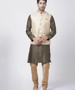 Vastramay Men's Black Cotton Silk Blend Kurta, Ethnic Jacket And Pyjama Set