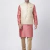 Vastramay Men's Pink Cotton Silk Blend Kurta, Ethnic Jacket And Pyjama Set