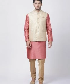 Vastramay Men's Pink Cotton Silk Blend Kurta, Ethnic Jacket And Pyjama Set