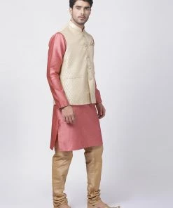 Vastramay Men's Pink Cotton Silk Blend Kurta, Ethnic Jacket And Pyjama Set