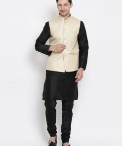 Vastramay Cream And Black Silk Blend Baap Beta Jacket Kurta Pyjama Set