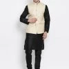 Vastramay Men's Black Cotton Silk Blend Kurta, Ethnic Jacket And Pyjama Set