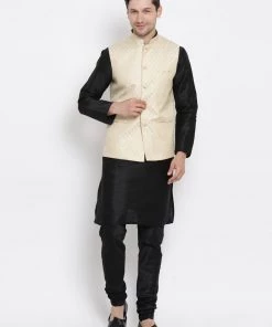 Vastramay Men's Black Cotton Silk Blend Kurta, Ethnic Jacket And Pyjama Set