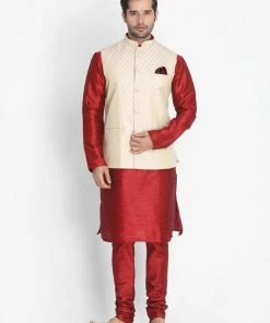 Vastramay Men's Maroon Cotton Silk Blend Kurta, Ethnic Jacket And Pyjama Set