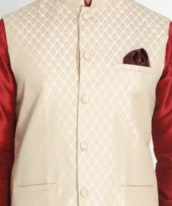 Vastramay Men's Maroon Cotton Silk Blend Kurta, Ethnic Jacket And Pyjama Set