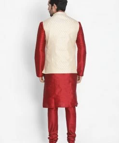 Vastramay Men's Maroon Cotton Silk Blend Kurta, Ethnic Jacket And Pyjama Set