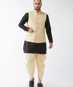 VASTRAMAY Men's Cream Silk Blend Ethnic Jacket, Black Kurta And Gold Dhoti Set