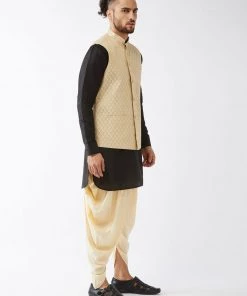 VASTRAMAY Men's Cream Silk Blend Ethnic Jacket, Black Kurta And Gold Dhoti Set