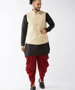 VASTRAMAY Men's Cream Banarasi Jacket & Black Silk Kurta With Maroon Dhoti Set