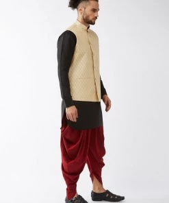 VASTRAMAY Men's Cream Banarasi Jacket & Black Silk Kurta With Maroon Dhoti Set