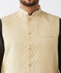 VASTRAMAY Men's Cream Banarasi Jacket & Black Silk Kurta With Maroon Dhoti Set