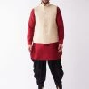 VASTRAMAY Men's Gold Banarasi Jacket With Maroon And Black Silk Kurta And Dhoti Set