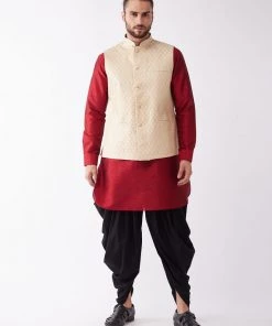VASTRAMAY Men's Gold Banarasi Jacket With Maroon And Black Silk Kurta And Dhoti Set