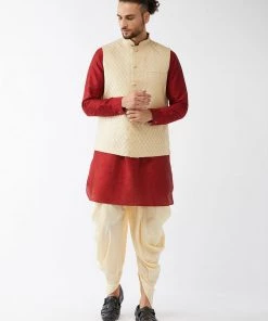VASTRAMAY Men's Cream Banarasi Jacket With Maroon Silk Kurta And Gold Dhoti Set