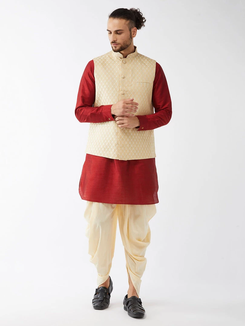 VASTRAMAY Men's Cream Banarasi Jacket With Maroon Silk Kurta And Gold Dhoti Set 3 VASTRAMAY Men's Cream Banarasi Jacket With Maroon Silk Kurta And Gold Dhoti Set