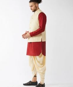 VASTRAMAY Men's Cream Banarasi Jacket With Maroon Silk Kurta And Gold Dhoti Set 10 VASTRAMAY Men's Cream Banarasi Jacket With Maroon Silk Kurta And Gold Dhoti Set