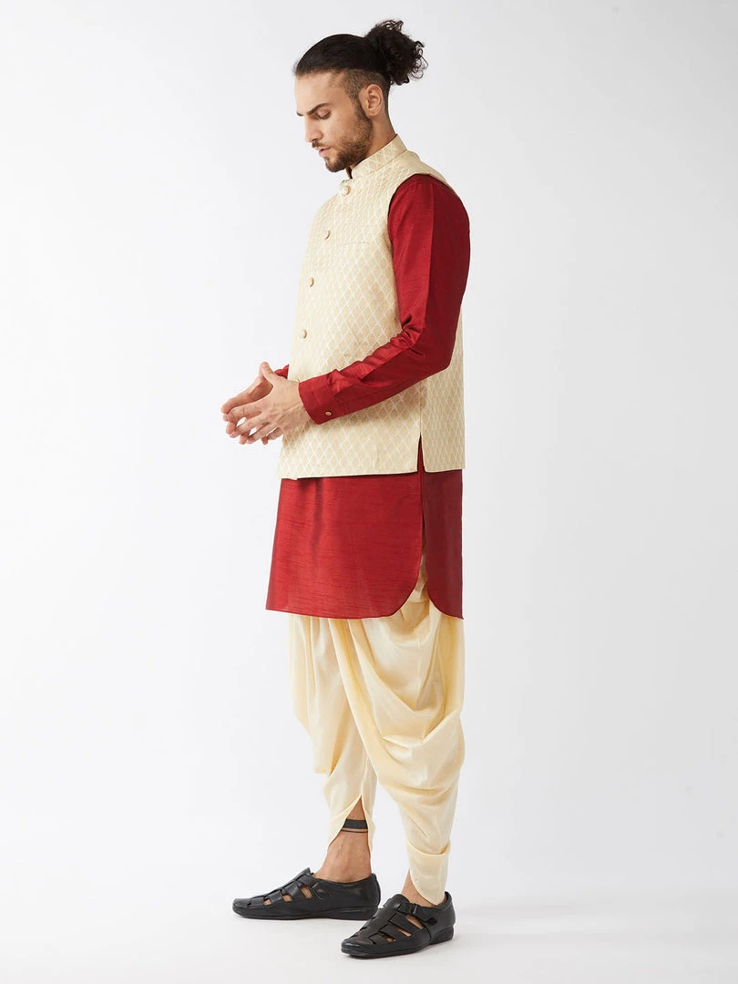 VASTRAMAY Men's Cream Banarasi Jacket With Maroon Silk Kurta And Gold Dhoti Set 4 VASTRAMAY Men's Cream Banarasi Jacket With Maroon Silk Kurta And Gold Dhoti Set