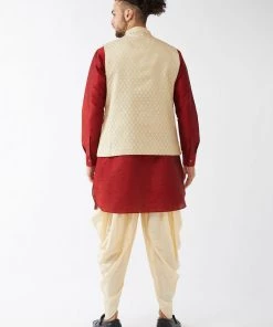 VASTRAMAY Men's Cream Banarasi Jacket With Maroon Silk Kurta And Gold Dhoti Set 11 VASTRAMAY Men's Cream Banarasi Jacket With Maroon Silk Kurta And Gold Dhoti Set
