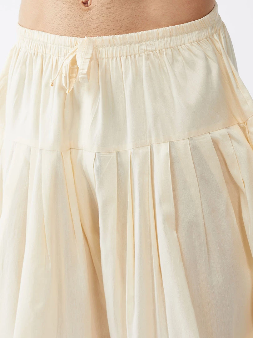 VASTRAMAY Men's Cream Banarasi Jacket With Maroon Silk Kurta And Gold Dhoti Set 7 VASTRAMAY Men's Cream Banarasi Jacket With Maroon Silk Kurta And Gold Dhoti Set