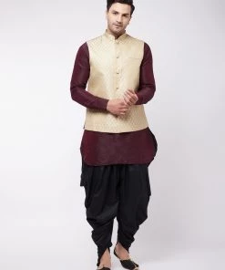 VASTRAMAY Men's Cream Woven Nehru Jacket With Burgundy And Black Silk Kurta And Dhoti Set