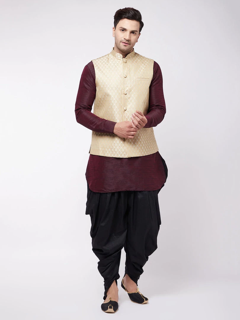 VASTRAMAY Men's Cream Woven Nehru Jacket With Burgundy And Black Silk Kurta And Dhoti Set 4 VASTRAMAY Men's Cream Woven Nehru Jacket With Burgundy And Black Silk Kurta And Dhoti Set