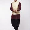 VASTRAMAY Men's Cream Woven Nehru Jacket With Burgundy And Black Silk Kurta And Dhoti Set