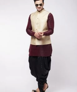 VASTRAMAY Men's Cream Woven Nehru Jacket With Burgundy And Black Silk Kurta And Dhoti Set