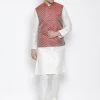 Vastramay Men's White Cotton Silk Blend Kurta, Ethnic Jacket And Pyjama Set