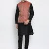 Vastramay Men's Black Cotton Silk Blend Kurta, Ethnic Jacket And Pyjama Set