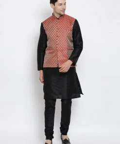 Vastramay Men's Black Cotton Silk Blend Kurta, Ethnic Jacket And Pyjama Set