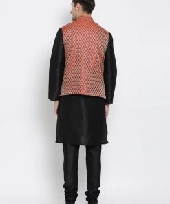 Vastramay Black And Maroon Silk Blend Baap Beta Jacket Kurta Pyjama Set