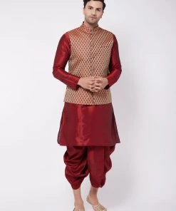 VASTRAMAY Men's Maroon Silk Blend Kurta And Dhoti With Maroon Woven Nehru Jacket