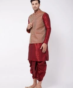 VASTRAMAY Men's Maroon Silk Blend Kurta And Dhoti With Maroon Woven Nehru Jacket