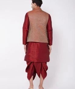 VASTRAMAY Men's Maroon Silk Blend Kurta And Dhoti With Maroon Woven Nehru Jacket