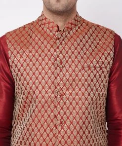 VASTRAMAY Men's Maroon Silk Blend Kurta And Dhoti With Maroon Woven Nehru Jacket