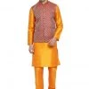 Vastramay Men's Orange Cotton Silk Blend Kurta, Ethnic Jacket And Pyjama Set