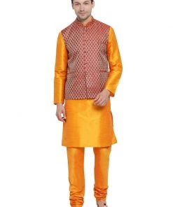 Vastramay Men's Orange Cotton Silk Blend Kurta, Ethnic Jacket And Pyjama Set