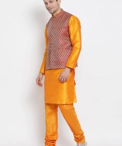 Vastramay Men's Orange Cotton Silk Blend Kurta, Ethnic Jacket And Pyjama Set