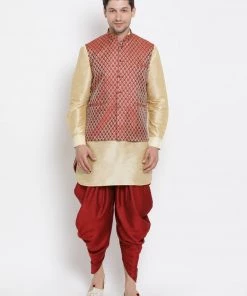 Vastramay Men's Gold Cotton Silk Blend Ethnic Jacket, Kurta And Dhoti Pant Set